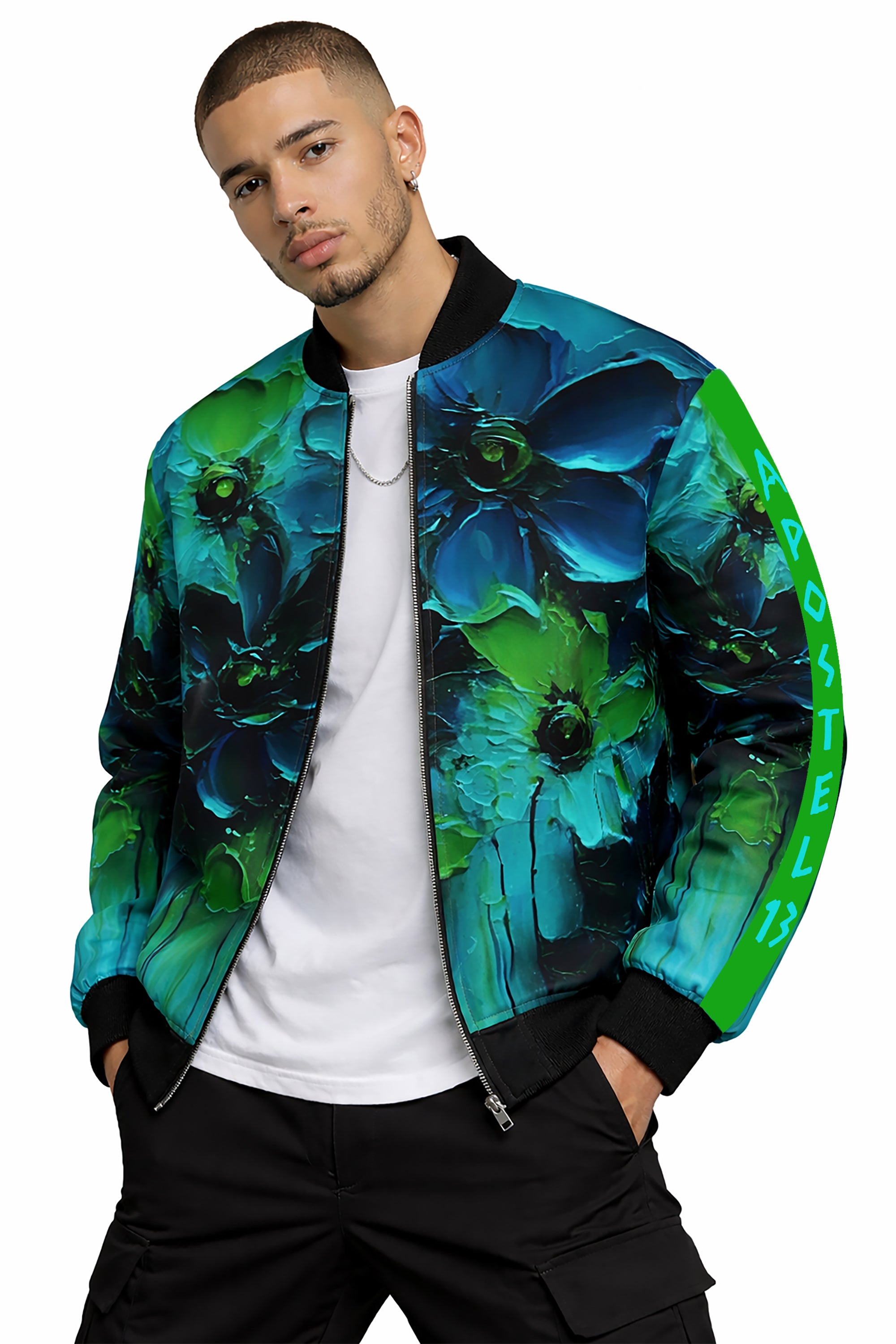 Unisex Bomberjacke im Kunstgemälde-Look – Emerald Noir