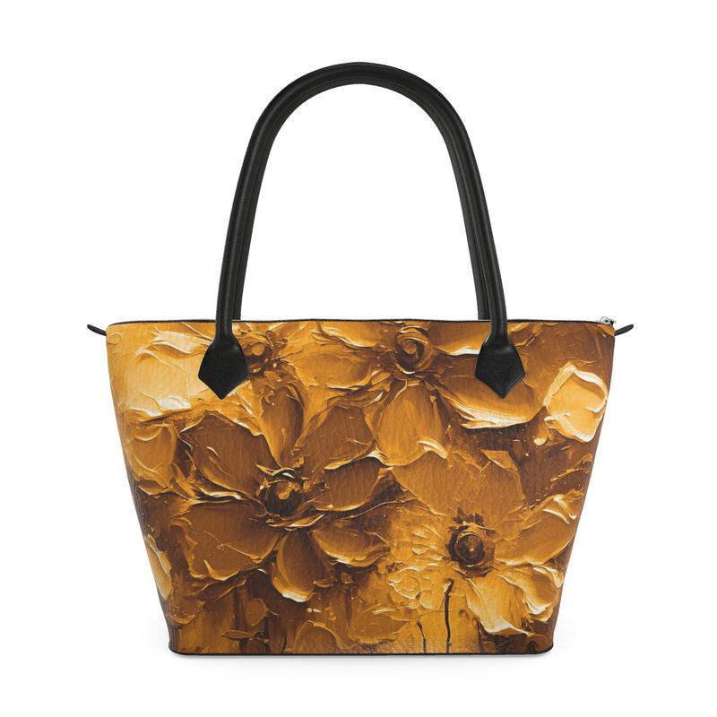 Detailansicht der strukturierten Nappa-Leder Handtasche mit kunstvoller Gemälde-Optik in Goldtönen