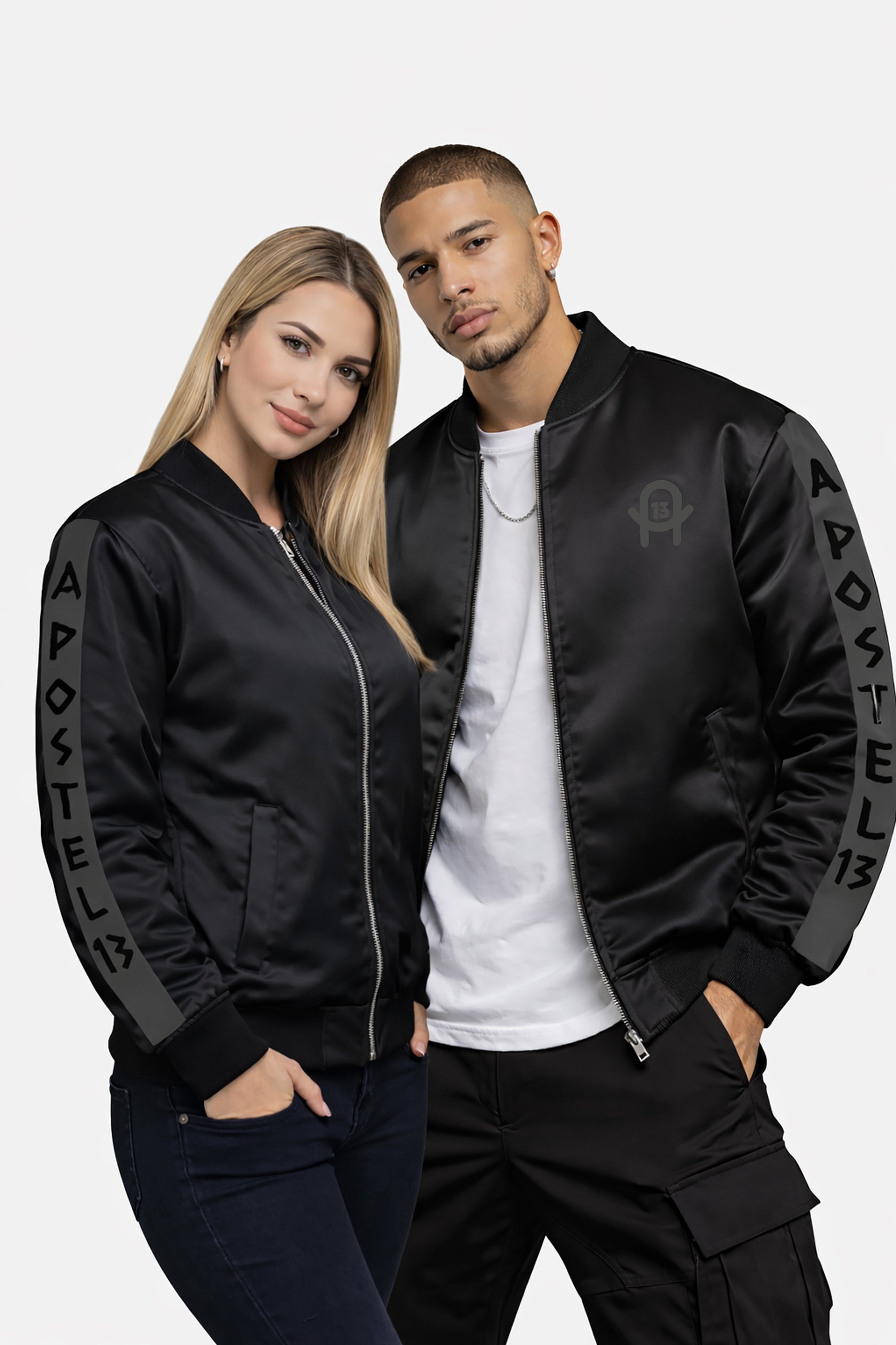 Unisex Satin Bomberjacke Schwarz – A13 Grau