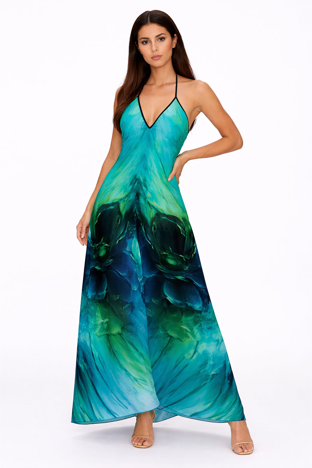 Art Designer Kleid – Rückenfrei & Neckholder | Green Bloom 