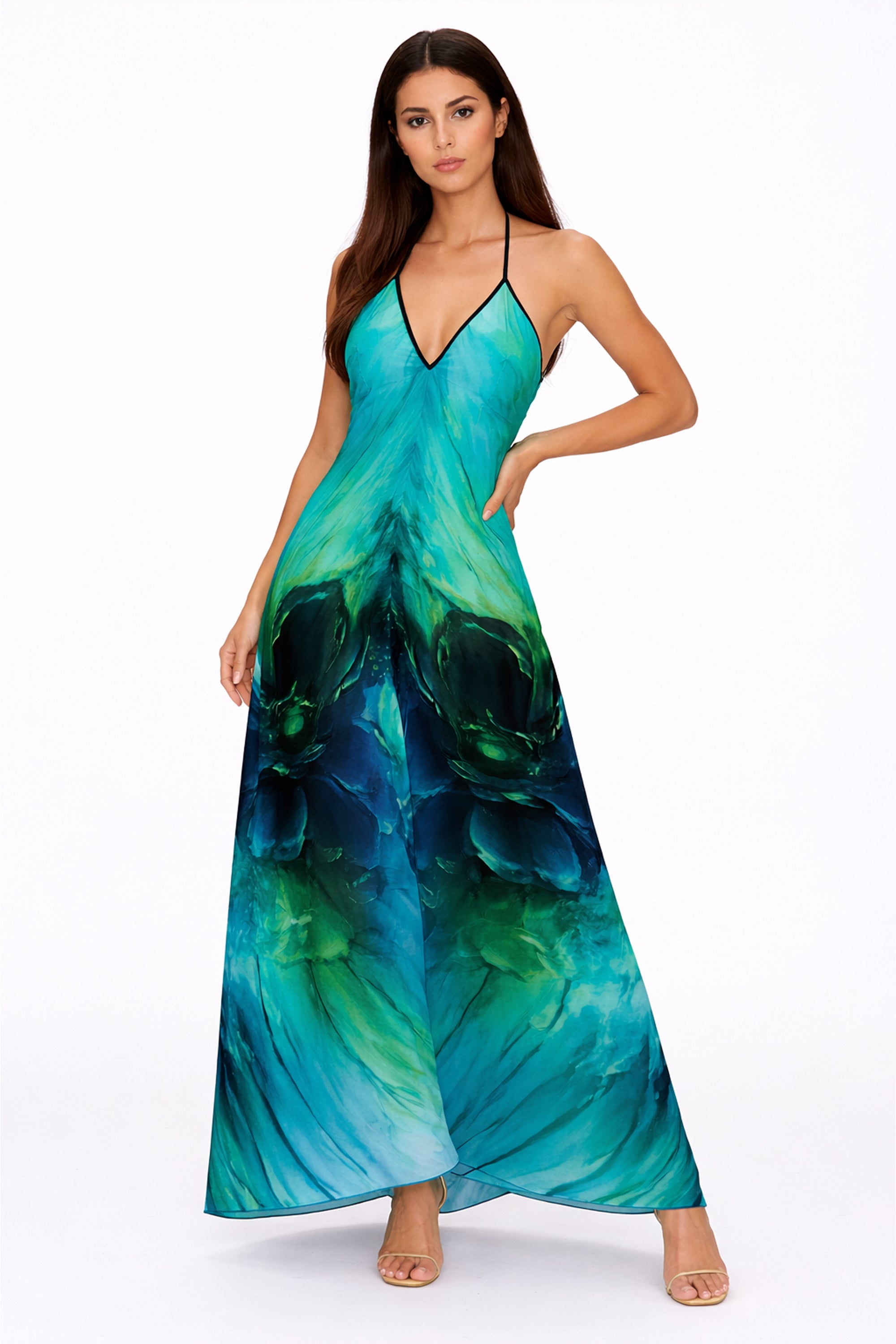 Art Designer Kleid – Rückenfrei & Neckholder | Green Bloom 