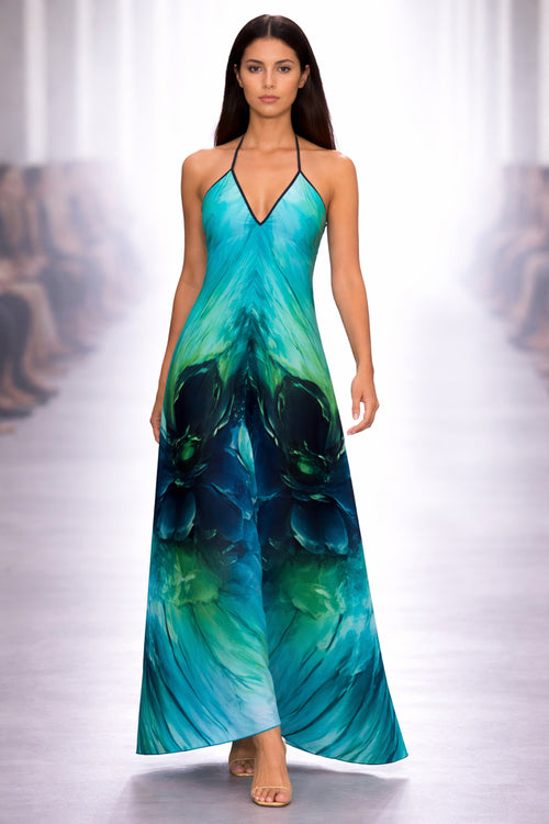 Art Designer Kleid – Rückenfrei & Neckholder | Green Bloom 