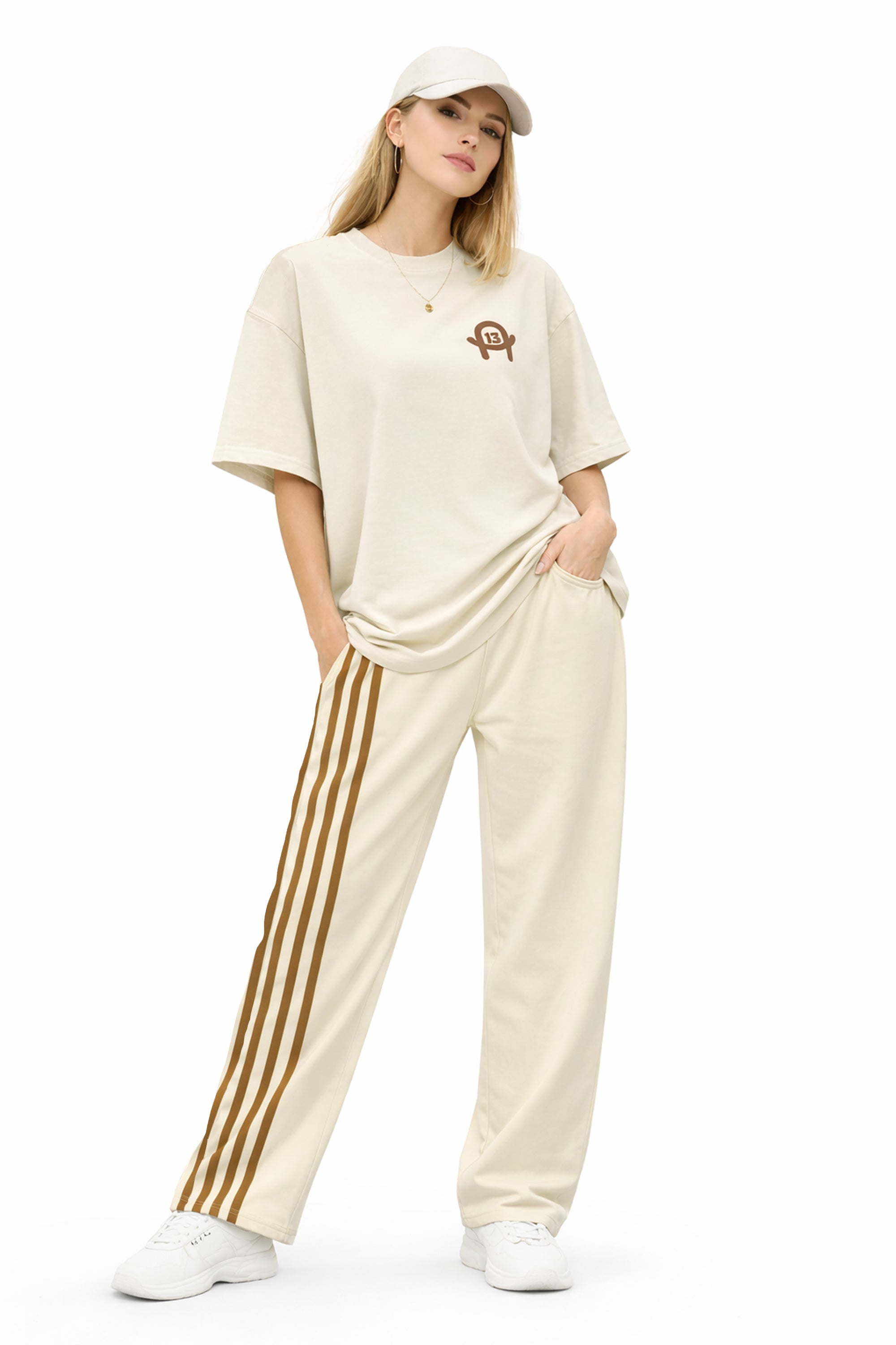 Oversized Jogginghose mit weitem Bein – Bone mit braunen Seitenstreifen