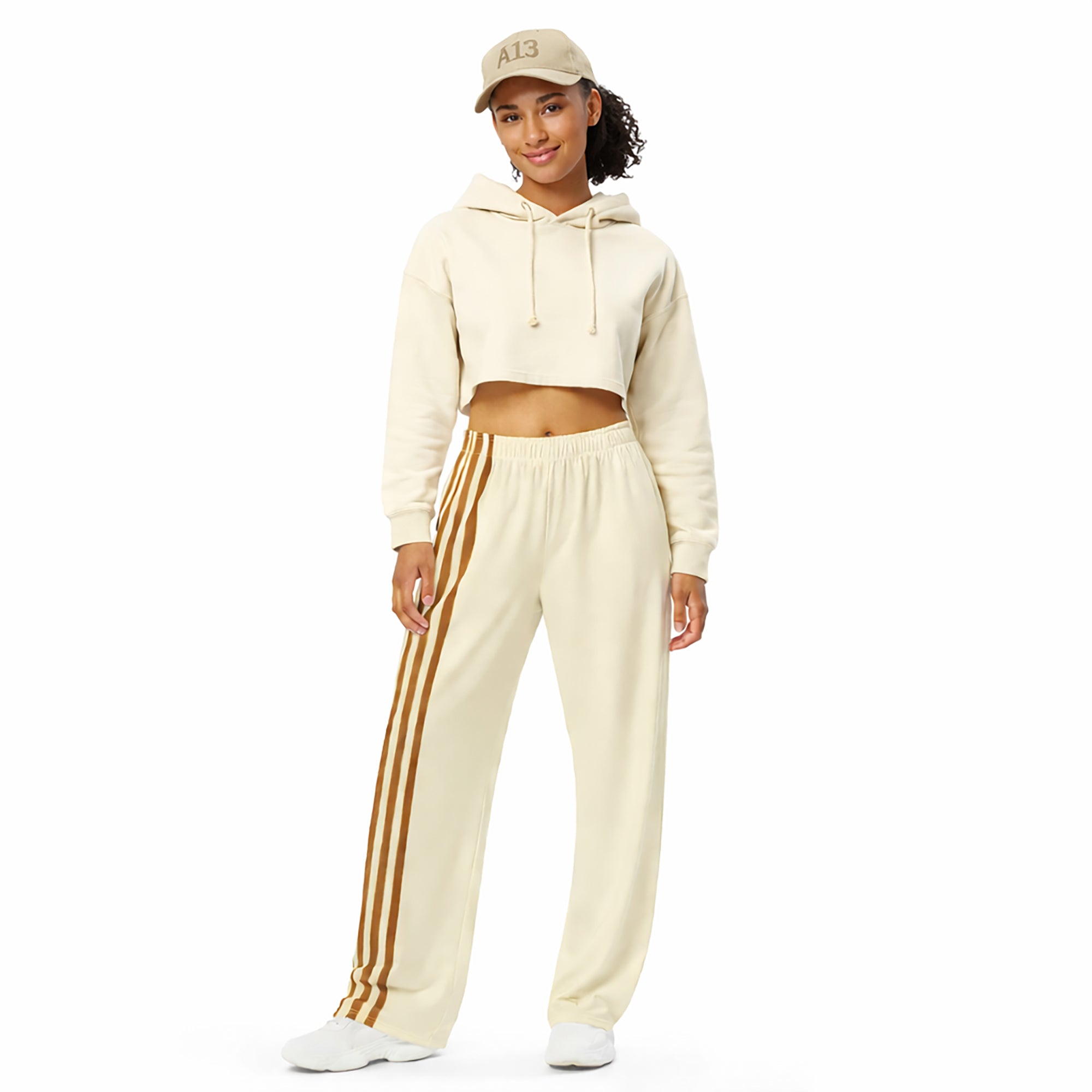 Oversized Jogginghose mit weitem Bein – Bone mit braunen Seitenstreifen