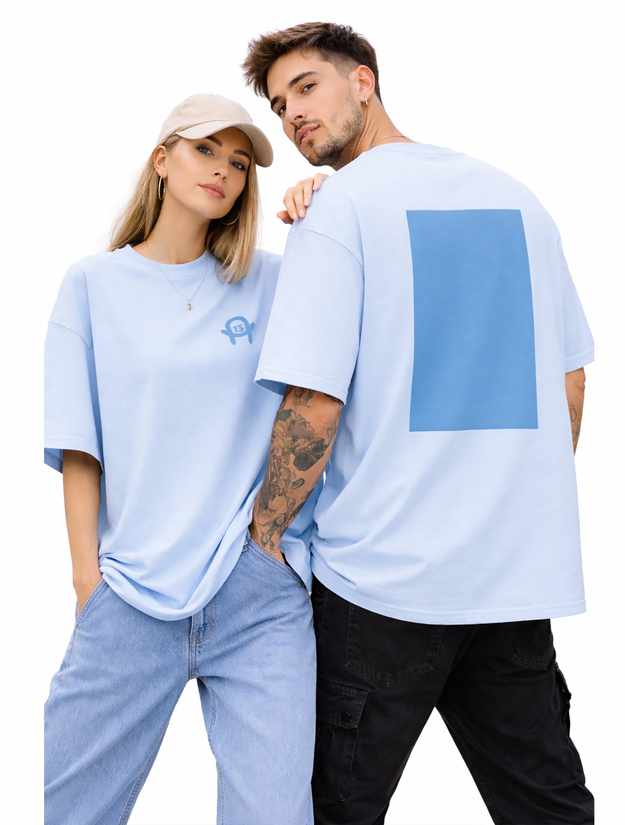 A13 Oversized Urban Streetwear T-Shirt aus schwerer Baumwolle in Babyblau – Blaues Rechteck