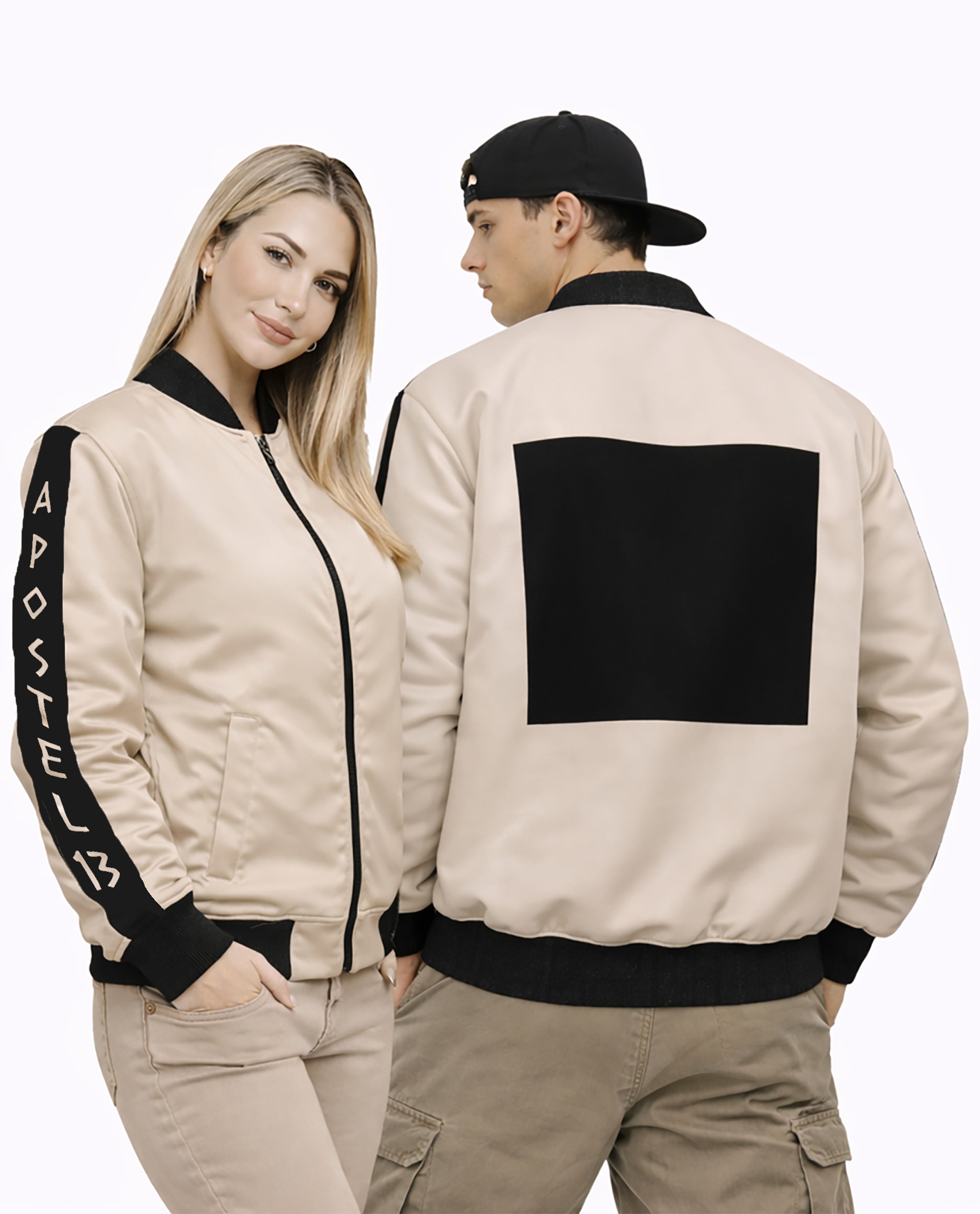Oversized Satin Bomberjacke Sand Beige – A13 Schwarz Quadrat