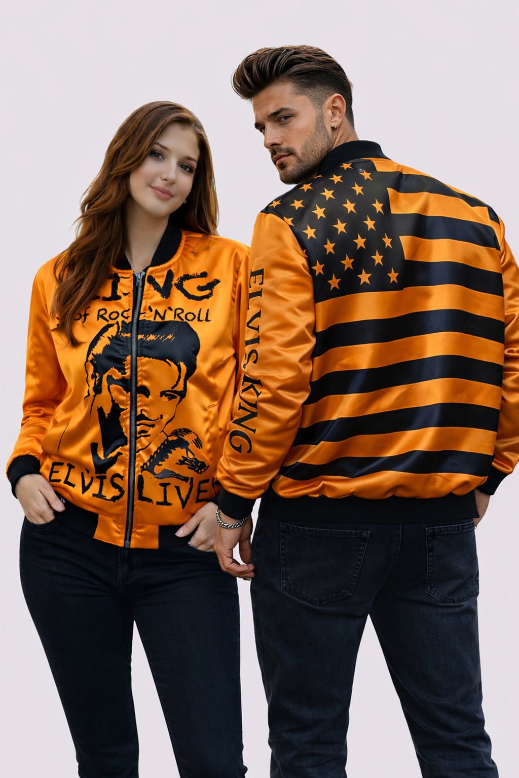 Herren-Bomberjacke Elvis Lives – King of Rock ’n’ Roll | USA-Flagge