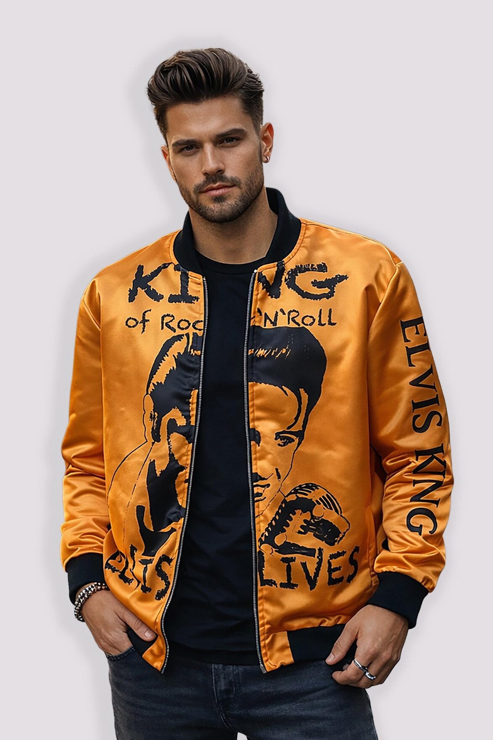 Herren-Bomberjacke Elvis Lives – King of Rock ’n’ Roll | USA-Flagge