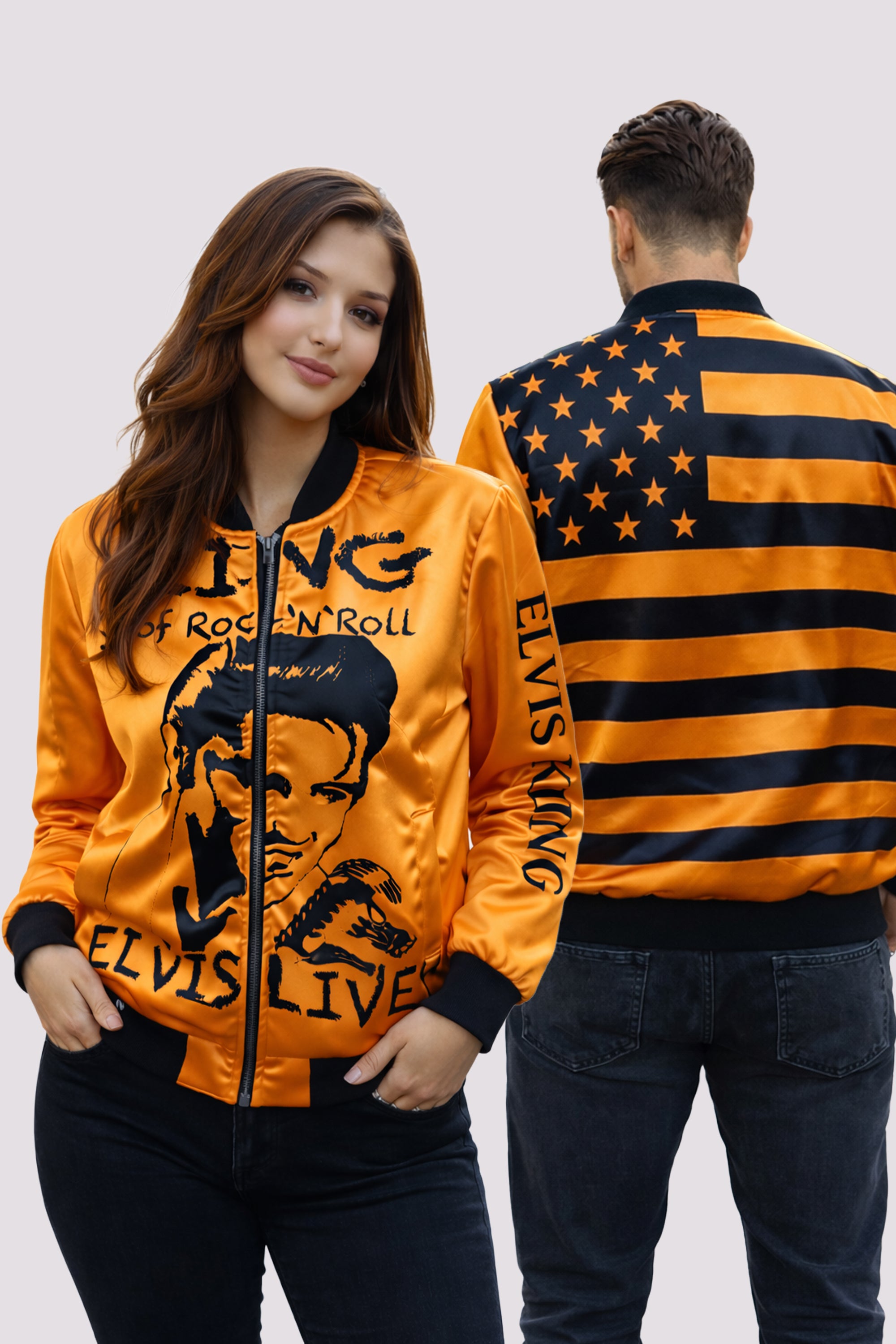 Herren-Bomberjacke Elvis Lives – King of Rock ’n’ Roll | USA-Flagge