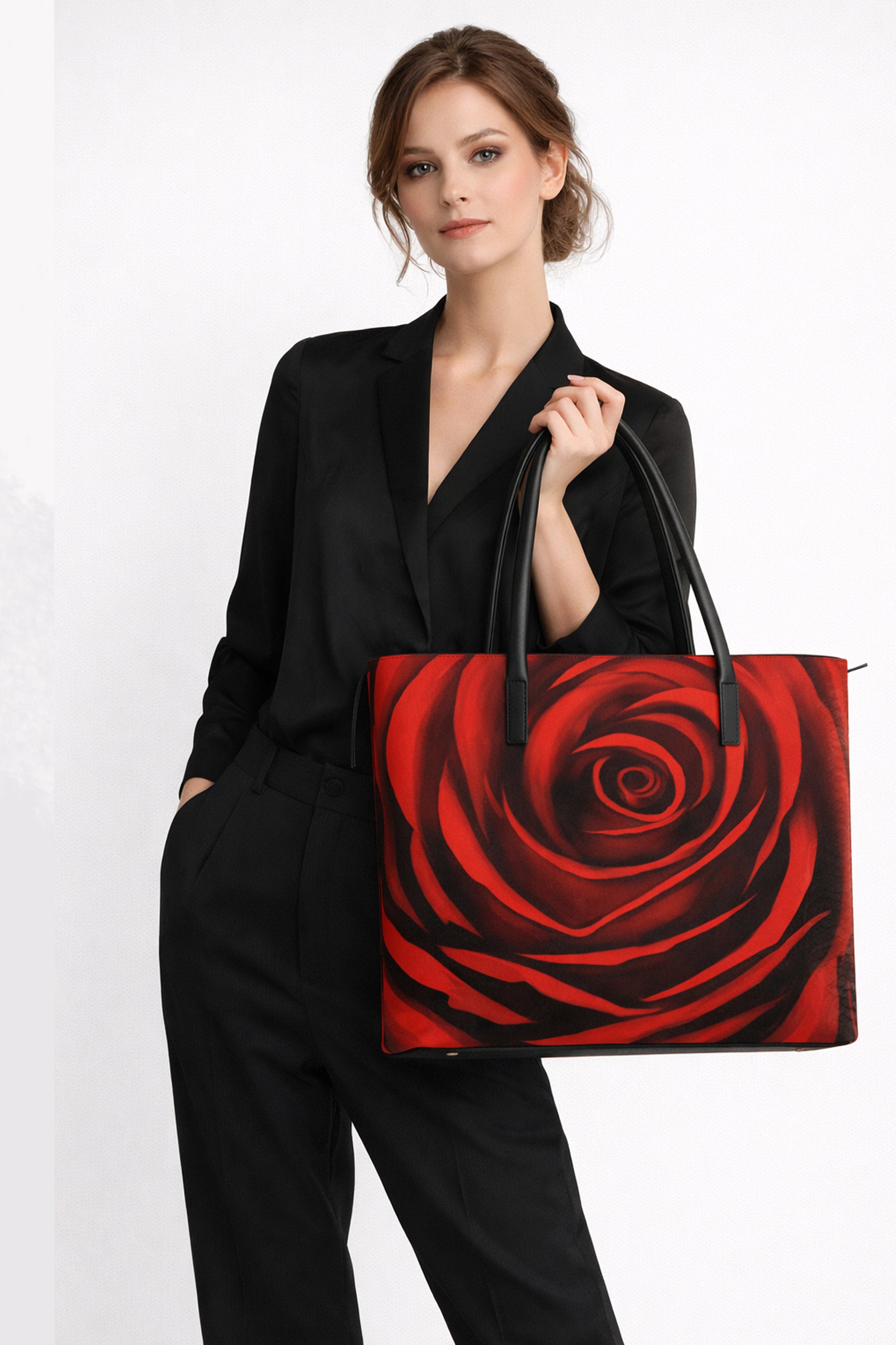 Nappa-Leder Handtasche mit rotem Rosenmotiv – Noir Rose Art Edition