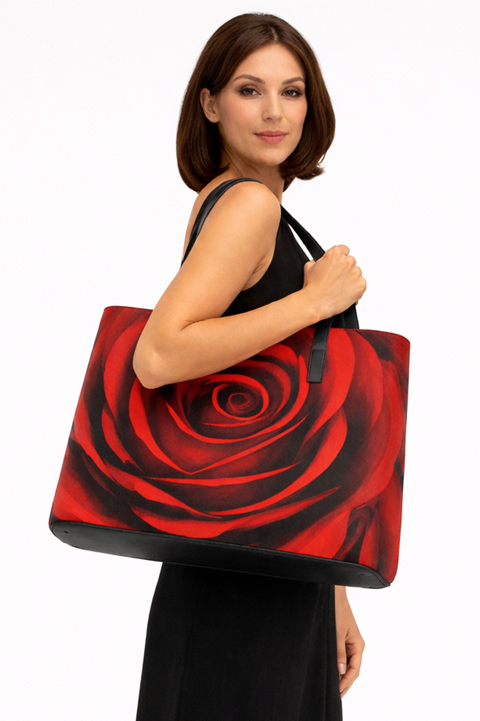 Nappa-Leder Handtasche mit rotem Rosenmotiv – Noir Rose Art Edition