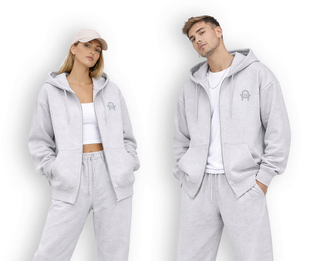 Oversized Zipper Hoodie A13 in Grau mit Stickerei